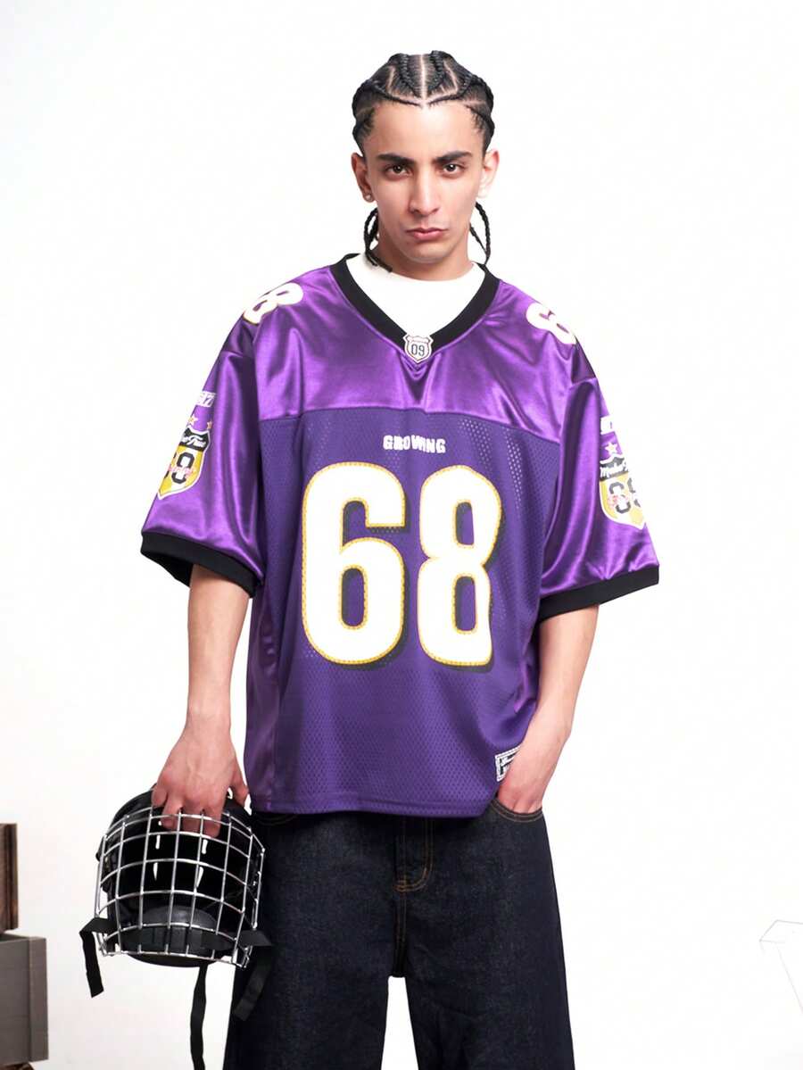 Camiseta casual unisex con gráfico de letras MT99, estilo hip hop de fútbol, chic callejero - Morado - Ver 1