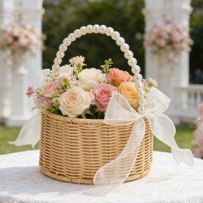 Artificial Woven Flower Girl Basket With Pearl Hand Grip Small Rattan Present Basket Decorative Picnic Hamper