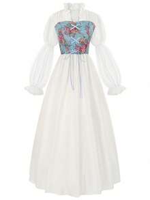 Robe longue style cour médiévale vintage avec ceinture, costume de scène - Robe corset blanche de style cour avec couronne de fleurs et oreilles d'elfe - Voir 7