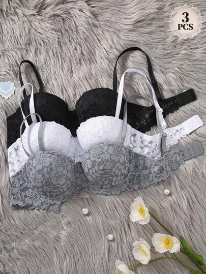 mimilemon 3件套女士无肩带蕾丝衬里聚拢文胸，可拆卸肩带，支撑性好，穿着舒适，时尚百搭，适合日常及特殊场合穿着