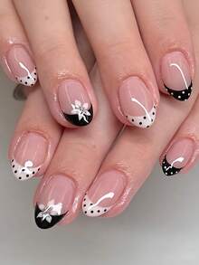24pcs Short Oval Polka Dot Floral French Fake Nails, Black & White Cute Elegant Nail Tips For Spring/Summer Daily Wear, For Women - Black - View 1