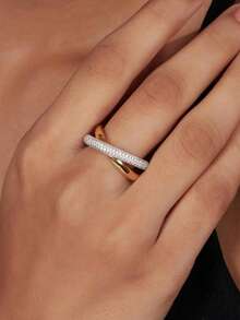 时尚双色黄色交叉圆圈情侣戒指，情人节珠宝礼物 - 黃色 - 查看 4