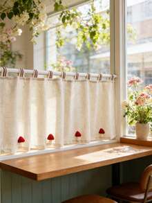 1PC Cute Red Mushroom-Shaped Japanese-Style Hanging Curtain, Small Window Curtains For Kitchens,Apartment Kitchen Curtains, Kitchen Window Valance,Cafe Style Half Curtains. - Beige - View 6