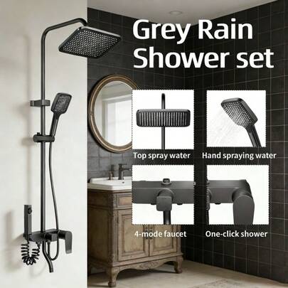 Système de douche de pluie gris, ensemble de robinetterie de douche de salle de bain 4 modes avec douche à pression unique, tête de douche à effet pluie, douchette à jet puissant, douchette bidet, accessoires de douche montés au mur avec un design compatible avec la salle de bain vintage pour une expérience de spa classique à la maison