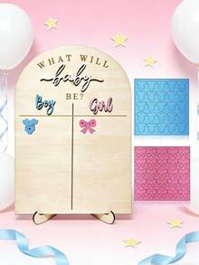 Wooden Baby Gender Reveal Voting Board With Stand, Decorative Gender Guessing Game, Gender Reveal Party Creative, Gender Reveal Party Game, Baby Gender Reveal Voting Board Sign, 1pc 12"X17" Game Board + 1pc 12" Stand + 50pcs 1" Guessing Icons (25 Blue + 25 Pink) Boy Or Girl? - Clothes and Bows - View 1