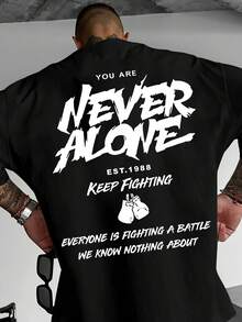 Men's Motivational Boxing T-Shirt With "You Are Never Alone" & EST.1989 Design - Olive Green Streetwear Tee, Breathable Loose Fit Round Neck, Casual & Gym Wear, Boxing Slang Phrases, Durable Summer Outfit - Black - View 3