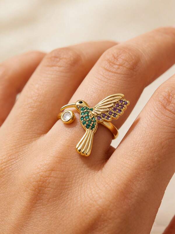 Gold Hummingbird Ring, Adjustable, Animal Bird Ring With Cubic Zirconia - Gift For Women, Wife, Daughter Women Fashion Jewelry