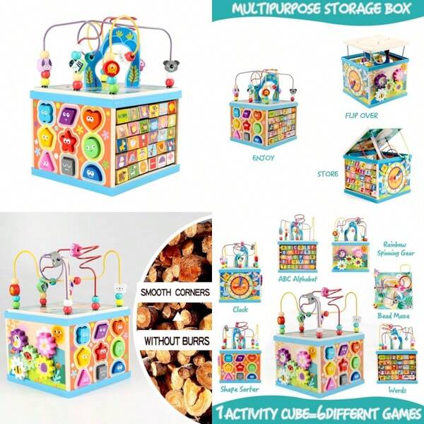 CdbdfsQilay Wooden Activity Cube For Toddlers 5 In 1 Multipurpose ABC-123 Abacus Early Educational Montessori Toys Learning Toys For 3 Year Old Bead Maze Great For Boys Girlsfhrsdf