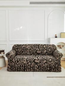 1pc Plush Jacquard Sofa Cover With Skirt, High Elasticity Plant Leaf Pattern, Suitable For Various Occasions, Machine Washable, New Design - Khaki - View 1