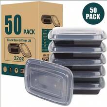 100-Piece (50 Pack) 32 Oz Meal Prep Containers Reusable With Easy Open Lids, Sturdy And Leakproof , Microwave Freezer Dishwasher Suitable, To Go Take Out Plastic Food Storage Pans With Lids, Black - 黑色 - 查看 7