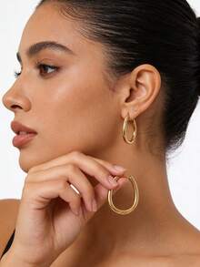 1 Pair/3 Pairs Geometric Elliptical Hoop Earring Minimalist Geometric Metal Earrings, Daily & Party Wear Gift For Her & Daily Styling - Multicolor - View 9