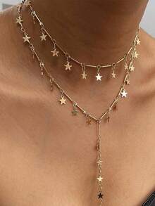 Vintage Star Tassel Long Necklace, Minimalist Elegant Geometric Metal Style Choker Chain - Star Pendant Necklace - View 1
