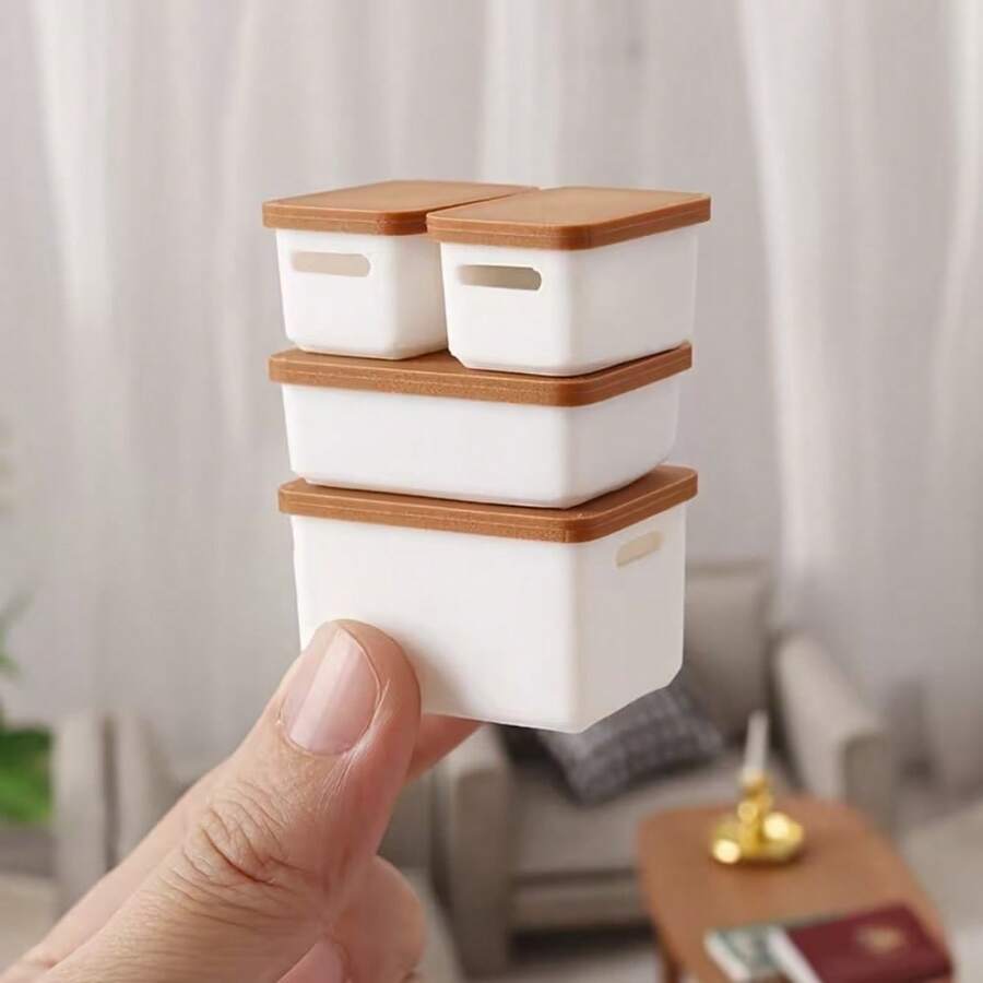 4件 1:12 娃娃屋迷你收納盒,多尺寸迷你類塑膠收納箱,娃娃屋廚房桌面收納裝飾,娃娃屋場景佈置攝影節日禮物道具 - 微縮收納箱 - 查看 1