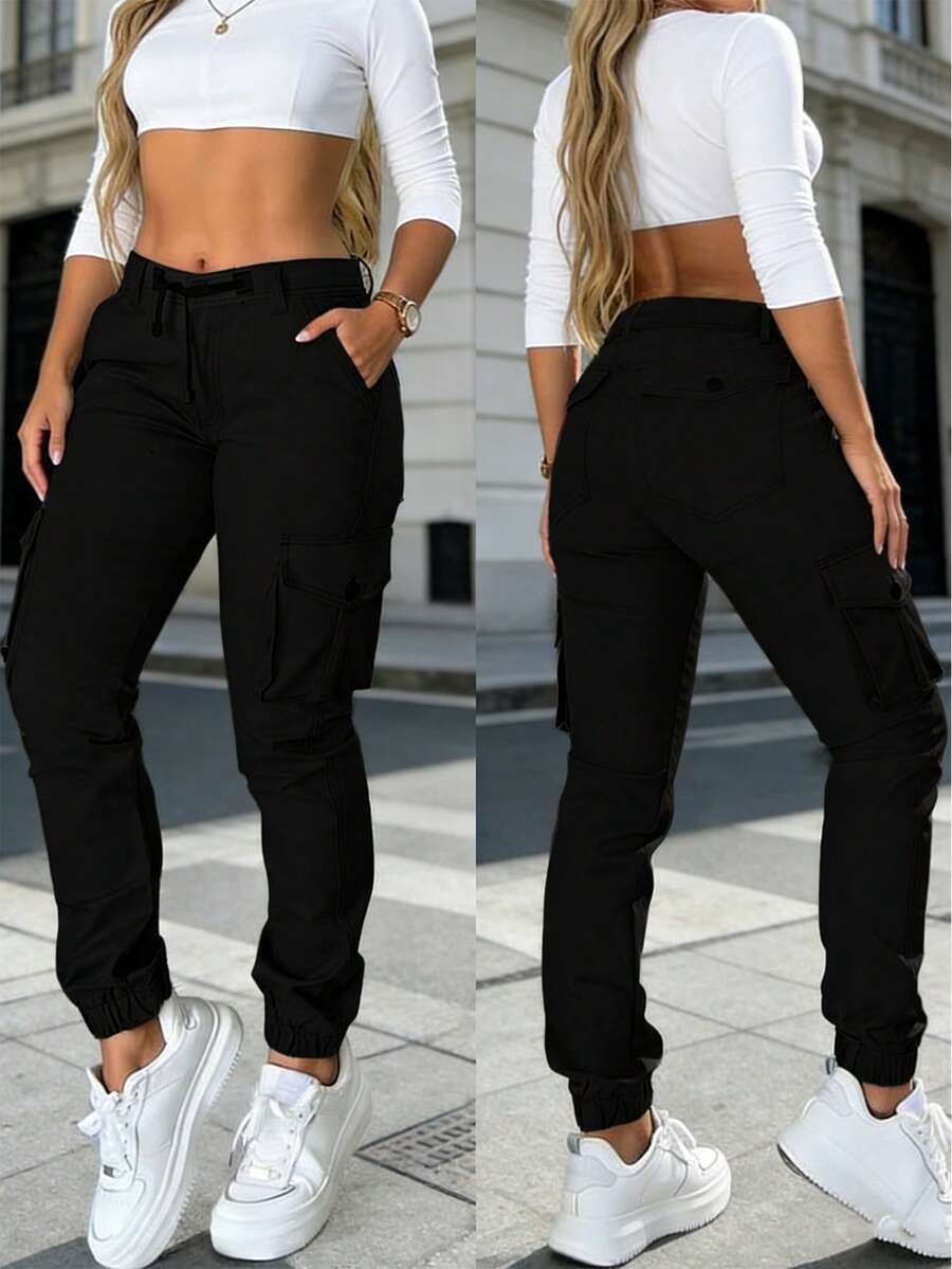 ChicMe Women's Cargo Pants, Drawstring Elastic Waist, Multiple Flap Pockets, Zipper Fly, Elastic Hem, Casual Daily Wear