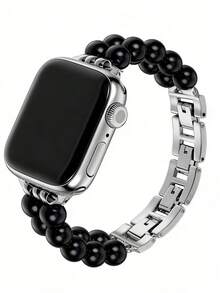 1pc Black Fashion Jewelry-Style Watch Band, Compatible With Apple Watch Series 11/10/Ultra/9/8/7/6/5/4/3/2/1/SE, Handmade Double-Row Beaded Stainless Steel Jewelry Clasp, Personalized Creative Design, Compatible With Apple Smartwatch Strap - Black - View 1