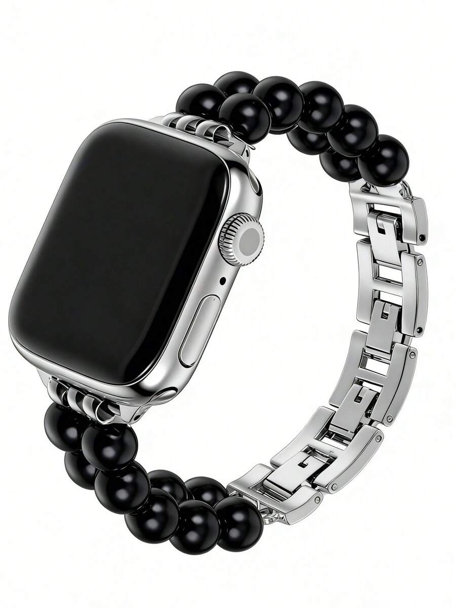 1pc Black Fashion Jewelry-Style Watch Band, Compatible With Apple Watch Series 11/10/Ultra/9/8/7/6/5/4/3/2/1/SE, Handmade Double-Row Beaded Stainless Steel Jewelry Clasp, Personalized Creative Design, Compatible With Apple Smartwatch Strap - Black - View 1