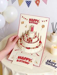 6/1pc 3D Happy Birthday/Christmas Gift Card, Pop-Up Birthday Cake Card With Envelope, Christmas Invitation Card - Birthday Cake - View 1