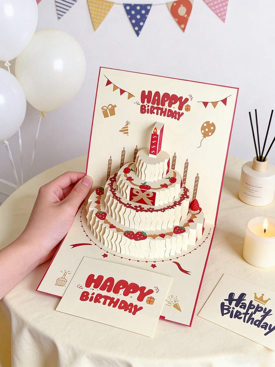 6/1pc 3D Happy Birthday/Christmas Gift Card, Pop-Up Birthday Cake Card With Envelope, Christmas Invitation Card - Birthday Cake - View 1