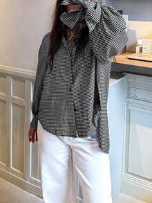 新款时尚优雅度假风领结长袖格子休闲衬衫，简约风格，适合通勤、日常穿着、下午茶聚会，四季皆宜。 - 黑底白條 - 查看 3