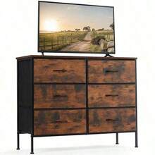 Sweetcrispy Dresser Bedroom 6 Drawers Wide Fabric Storage Units Chest Of Drawers Bedroom With Metal Frame And Wooden Top TV - 鏽棕色 - 查看 2