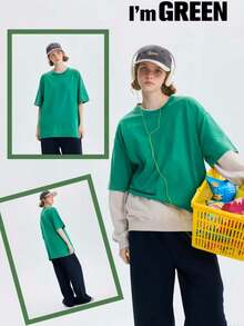 Oversized Washed Gray Short Sleeve Tee, Loose Fit Vintage Streetwear Style, Basic Summer - Green - View 3
