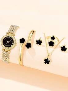 6pcs Elegant Luxury Women's Quartz Watches, Women's Luxury Classic Four-Leaf Clover Jewelry Watch Set, Including A Gold Fully Diamond-Studded Strap Black-Dial Quartz Watch, Four-Leaf Clover Bracelet, Chain Necklace, Ring, And Stud Earrings. - Gold - View 1