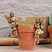 1 Set Copper Elegant Flower Fairy Statue Hanging Decor, Suspended Nymph Sculpture, Spring Fairy Garden Decoration, Simulating Elves Working In The Countryside, Adding Mysterious And Dreamy Charm To The Garden - Imitation Copper Fairy Flower Pot Pendant - View 6