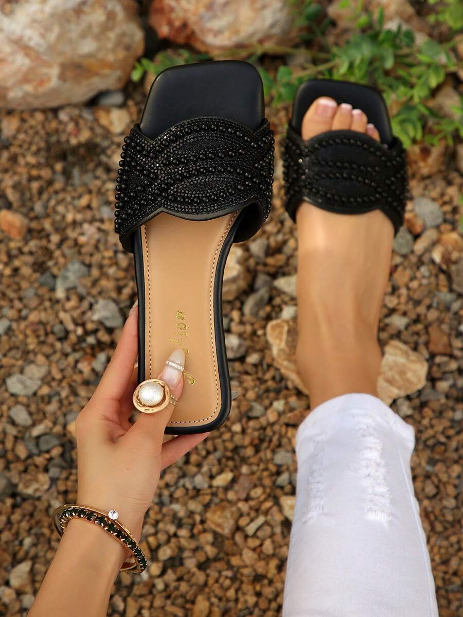 Sandal đế bằng mũi vuông đính pha lê kiểu Pháp mới năm 2025, thanh lịch, phù hợp với váy, mùa xuân/hè/thu. - màu đen - Xem 1