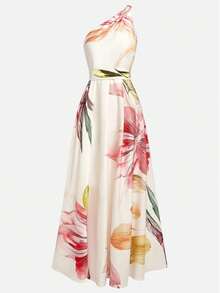 Women's Temperament Flower Pattern Slanted Shoulder Collar Long Skirt - 杏色 - 查看 3