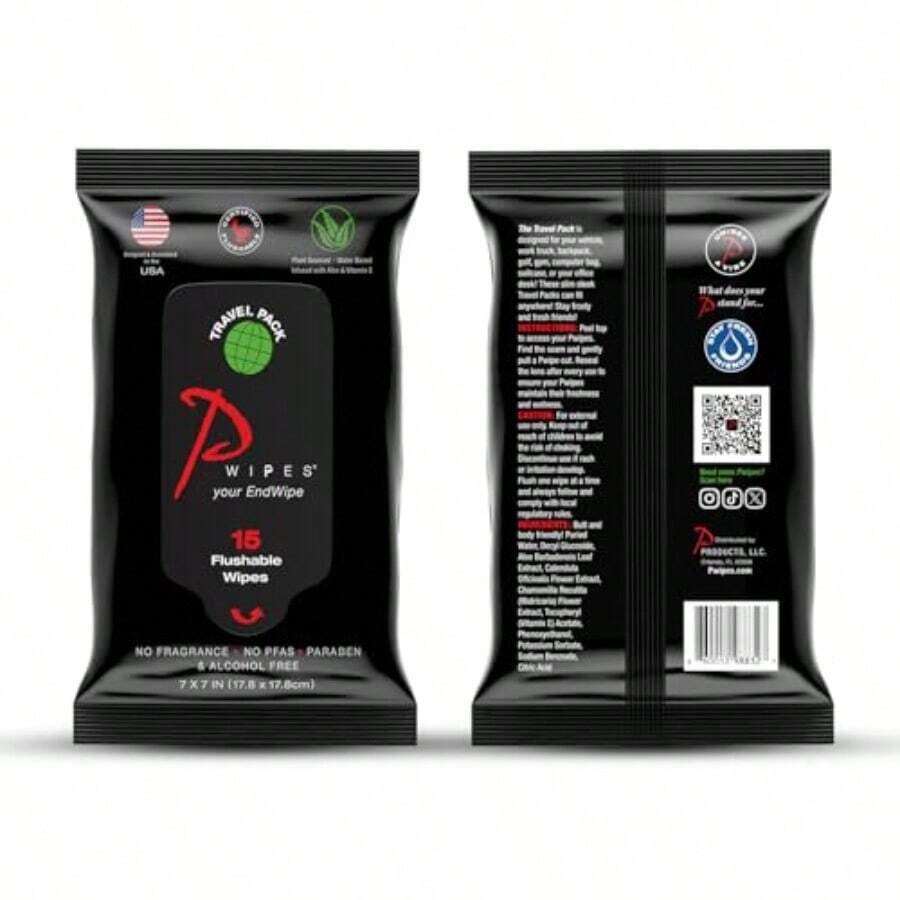 Flushable Wipes 15 Count Travel Pack Unscented With Vitamin-E Aloe Plant Based Septic And Sewer For Adult Use - 如圖所示 - 查看 1