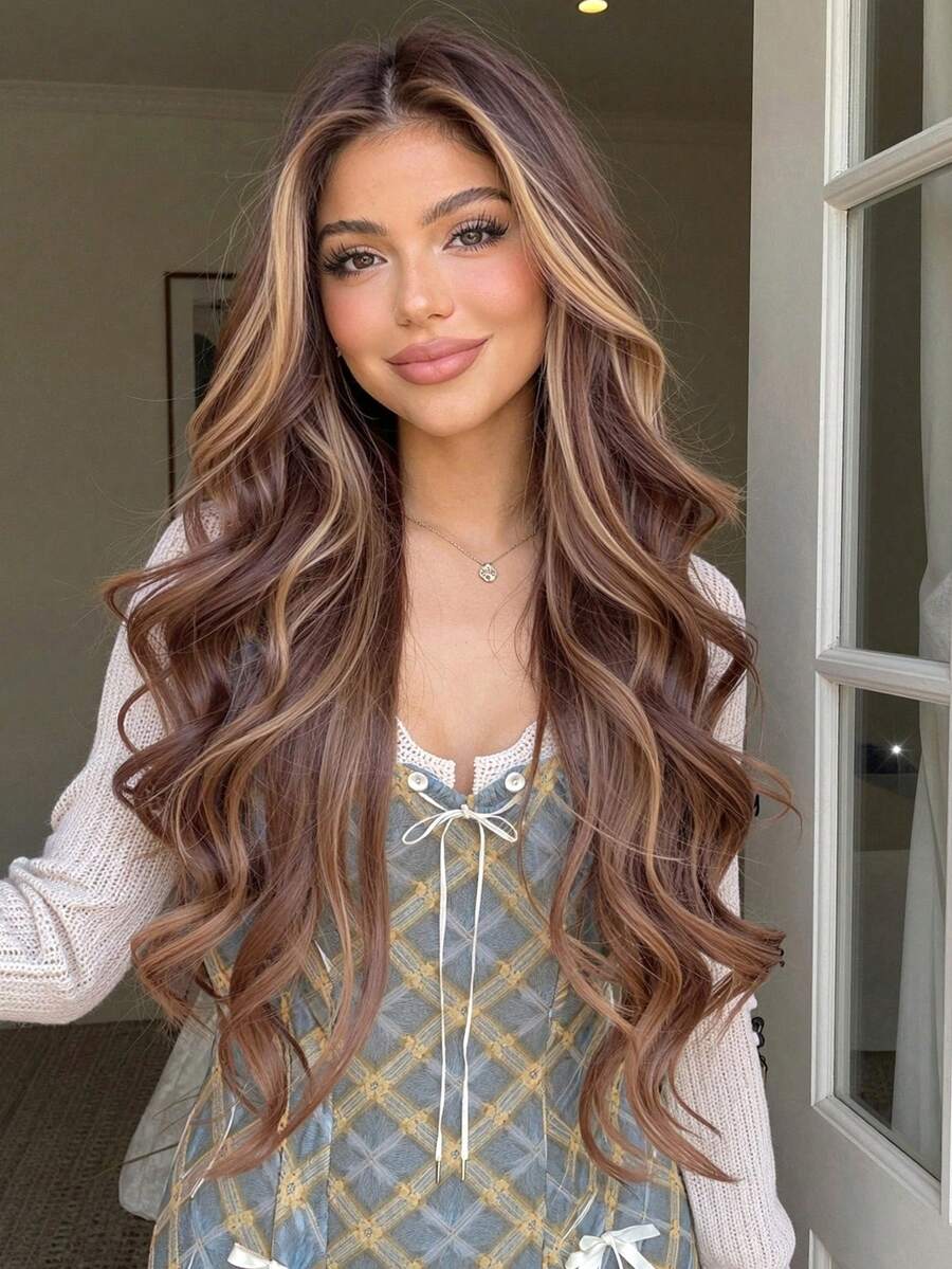 26 Inch Long Straight U-Part Seamless Bangs Synthetic Wig, Brown Mixed With White Natural Middle Part Wig, Shiny Golden Hair