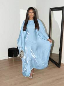 1pc Women's Dubai Solid Color Long Round Neck Batwing Sleeve Dress With Soft Satin Finish, Suitable For Daily Life, Festivals, Parties And Evening Events - Light Blue - View 4