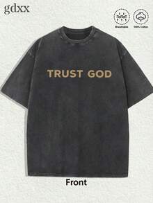 Plus-Size Vintage Washed Christian T-Shirt, Trust God Fear God Psalm 128:1 Graphic T-Shirt, Loose Fit, 230g Pure Cotton Men's T-Shirt, A Surprise Gift - 黑色 - 查看 2