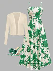 Women's Spaghetti Strap Floral Print Waist Flare Dress With Knit Cardigan Bohemian Print Set Vacation - Green - View 3