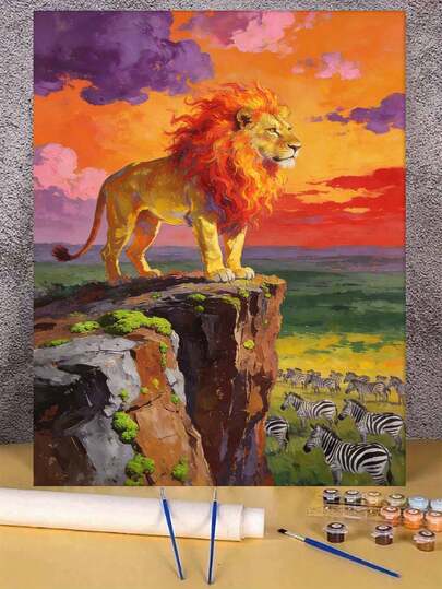Majestic Lion Sunset Landscape DIY Oil Painting By Numbers Canvas Painting Crafts Adult Home Decoration 40x50cm/16x20inch Holiday Gifts