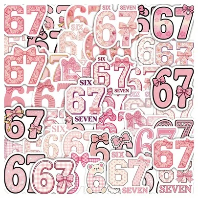 50张卡通数字67涂鸦趣味贴纸，可用于装饰水瓶、安全帽、行李箱、自行车、滑板等，也是剪贴簿用品和文具的趣味贴纸。