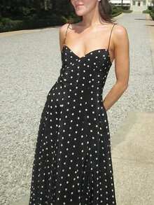 女士波点印花露背V领无袖连衣裙 黑色 夏季 - 黑色 - 查看 4