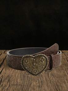1条波西米亚复古青铜色心形压纹金属咖啡色西部牛仔腰带，适合搭配牛仔裤，休闲、户外、派对、四季皆宜、返校季、女士、母亲节、生日礼物 - 花雕愛心咖啡色 - 查看 9