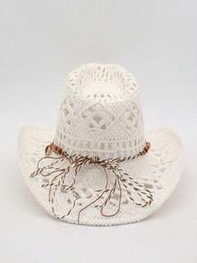 1pc Bohemian Solid Color Beaded Hollow Panama Straw Hat, Casual Protective Decorative Sun Hat, Fashion Versatile, Suitable For Outdoor Activities, All Seasons, Holiday Gift, Mother's Day Gift For Mom, Valentine's Day, Suitable For Vacation, Photography, Women's Gift - MZ3056+ML56 - 查看 7