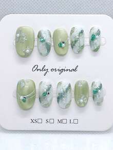 10 piezas de uñas postizas ovaladas cortas de ojo de gato de acrílico verde hechas a mano, puntas de uñas de cobertura completa, adecuadas para mujeres y niñas para manicura DIY - Verde - Ver 4