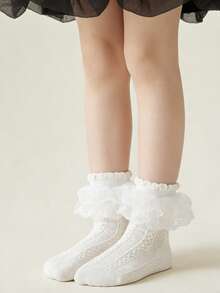 1 par de calcetines de baile hasta el tobillo de unicolor con doble capa y adorno de encaje de malla de colores dulces tipo caramelo para niños/niños pequeños - Blanco - Ver 3