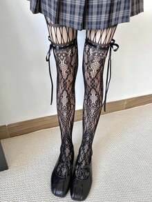 1双黑色/白色/咖啡色/灰色/紫色系带镂空蝴蝶结渔网袜，Y2K风格，春夏款 - 彩色 - 查看 16