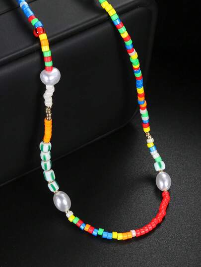 1pc Bohemian Faux Pearl Colorful Beaded Necklace, Women's Beach Holiday Necklace, Daily Jewelry