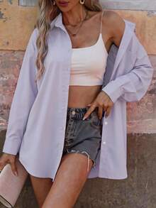 French Healing Lavender Loose Long Sleeve Shirt For Women: Low-Saturated Gentle Style, Relaxed Fit With Air-Feel Balance, Matte Textured Fabric For Effortless Chic In Work And Casual Settings, H-Line, Single Pocket Spring - Mauve Purple - View 6