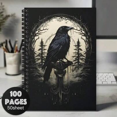 Un quaderno a spirale gotico con un design con corvo e luna, perfetto per gli appassionati di fantasy oscuro. Questo diario orizzontale per la scrittura è ideale per l'uso in ufficio, i viaggi e la scuola