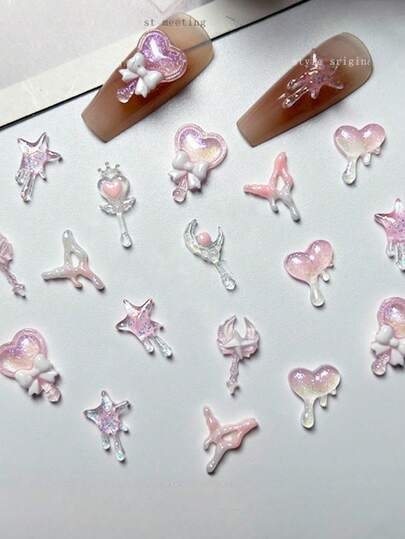 50 piezas de Auroras rosas con forma de corazón, brillos, Kawaii, piedras de cristal para uñas 3D que brillan en la oscuridad, encantos transparentes para decoración de uñas DIY