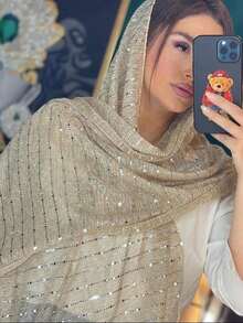 1pc Women's Spring Sequin Mesh Decorated Headscarf, Festival Celebration Headwrap Veil Hijab - 米色 - 查看 1