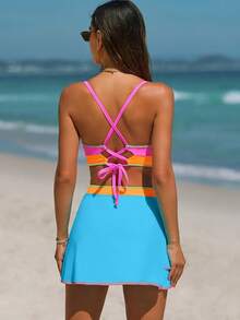 popvil Women 3PCS Colorblock Bikini Set Cross Back Tie Back High Waisted Swimwear With Skirt For Summer Vacation - Multicolor - View 6