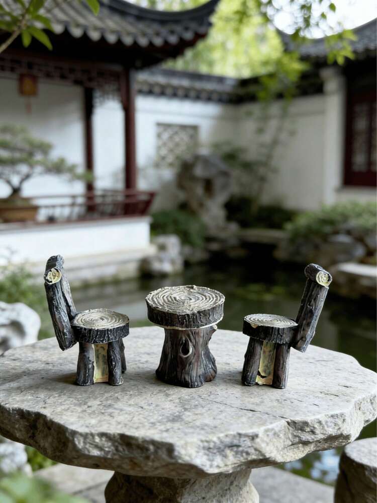 1张桌子和2把椅子套装，迷你花园家具装饰，童话花园配件家具，户外树桩装饰套装，微缩景观花园装饰，室内外景观装饰 - A - 查看 6