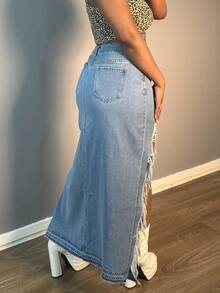 Women's High Slit Distressed Ripped Denim Maxi Skirt - Irregular Frayed Fringe Hem Pocketed Denim Skirt, Spring/Summer Daily Versatile Women's Clothing - Rửa trung bình - Xem 7
